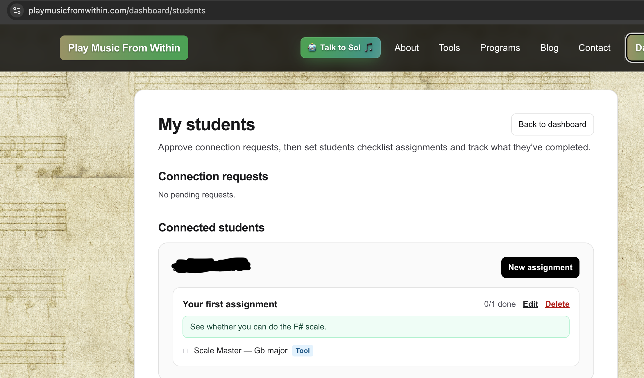 My students dashboard with a connected student and an open tool-based assignment